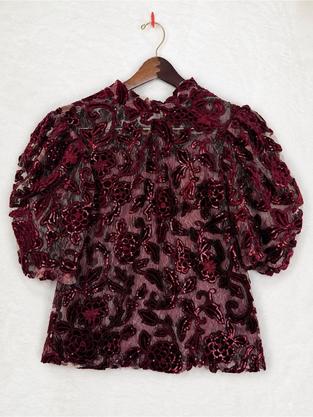 Anthropologie Velvet Cutwork Sequin Blouse Cami Set Wine NWT M